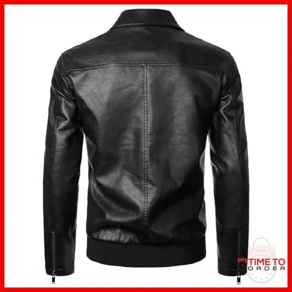 Men's Faux Leather Bomber Jacket Motorcycle Style Ribbed Hem - Picture 4 of 8